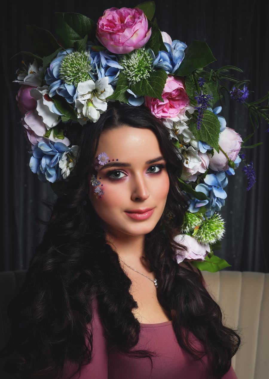 A crown of peonies and hydrangea, glitter at the eye